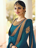 Indian Designer Turquoise Embroidered Georgette Anarkali Dress For Wedding