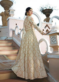 Latest Designer Women's Beige Long Silk Pakistani Anarkali Dress