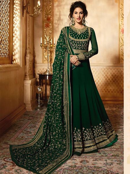 Printed Heavy Georgette Anarkali Gown, Full Sleeve, Green at Rs
