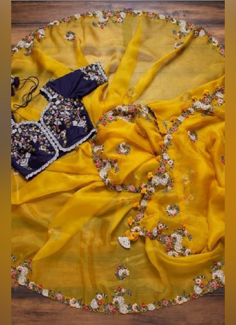 Trendy Yellow Color Organza Silk Base Embroidery With Sequins And Zari Work Designer Saree