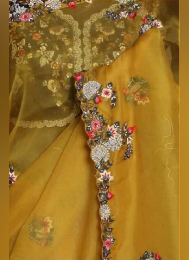 Trendy Yellow Color Organza Silk Base Embroidery With Sequins And Zari Work Designer Saree