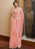 Beautiful Look Peach Designer Organza Saree With Matching Blouse