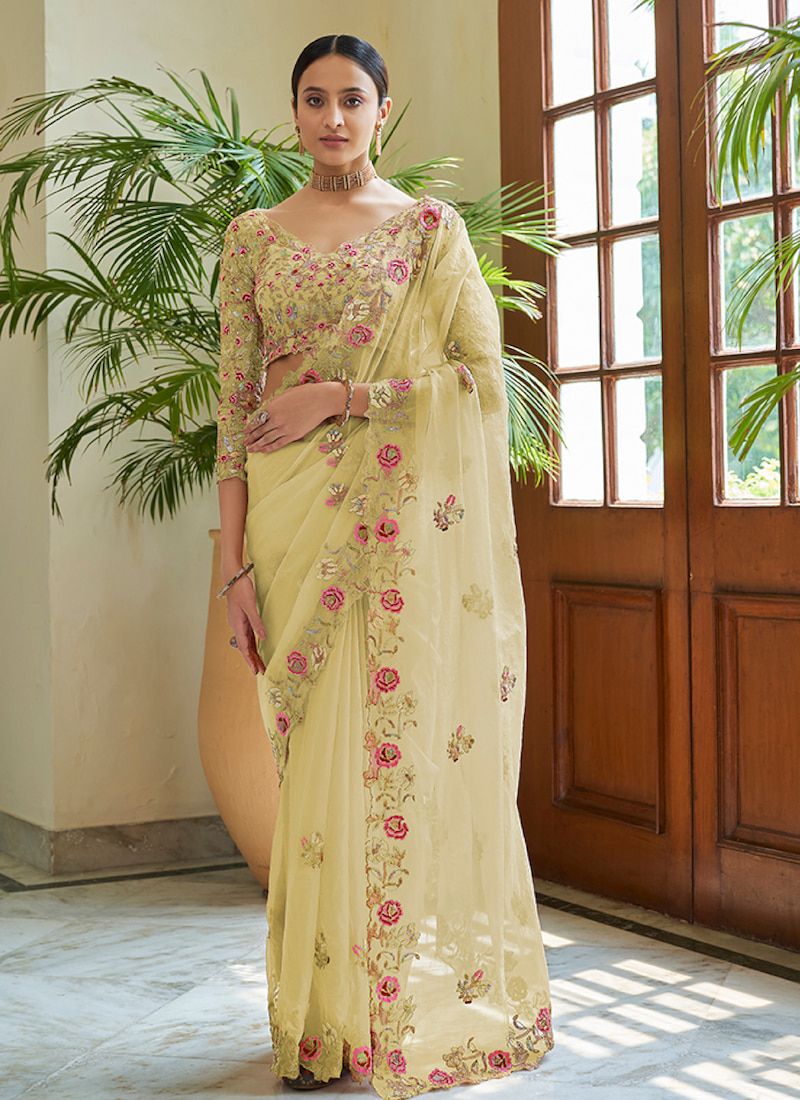 Trendy Lime Yellow Color Organza Base With Heavy Work Saree With Designer  Blouse
