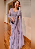 Designer Lilac Color Georgette Base With Sequins And Embroidery Work Party Wear Saree