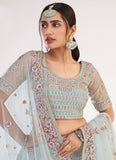 Light Turquoise Color Soft Net Fabric Stone And Sequins Work Lehenga