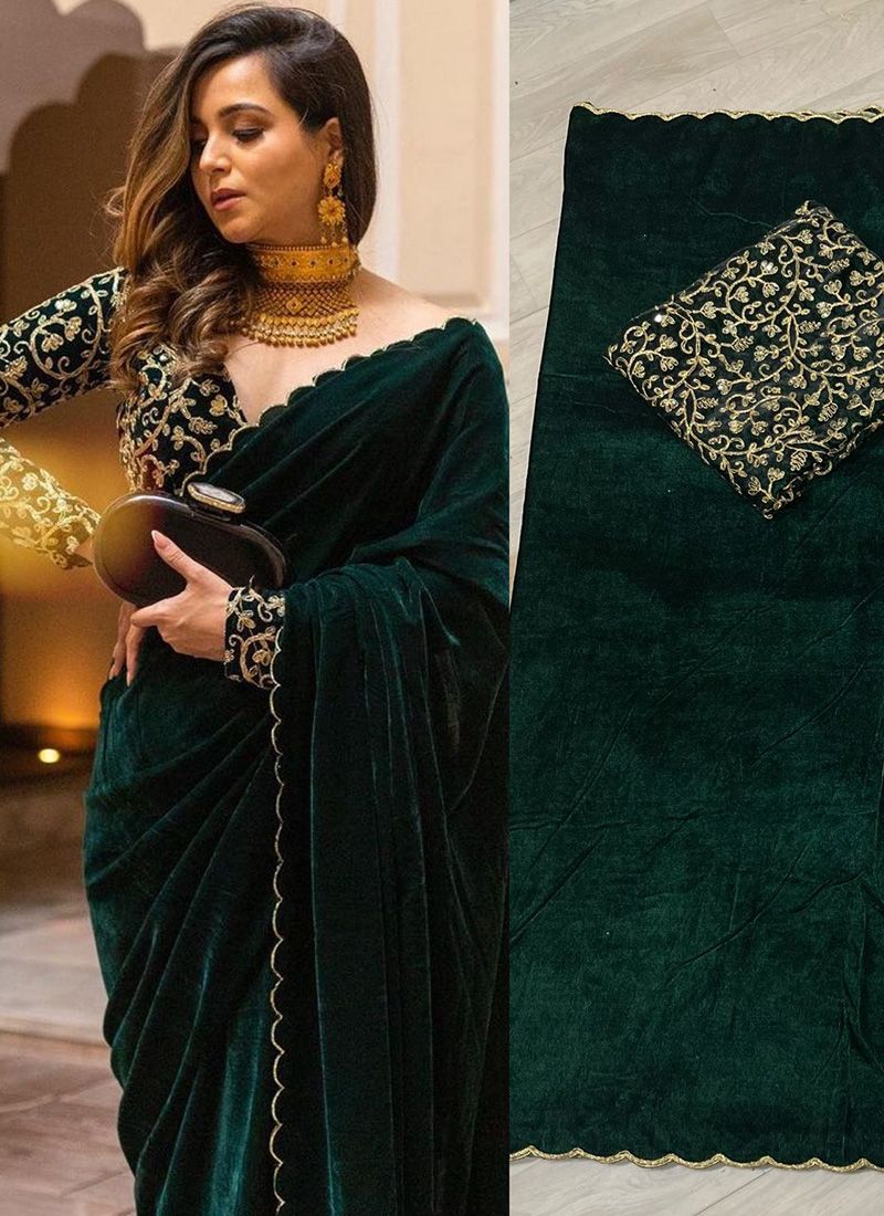 Magnificent Look Green Color Velvet Fabric Zari Work Partywear Saree
