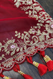 Starring Red Color Organza Saree With Thread & Printed Work