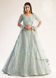 Light Blue Color Soft Net Base Lehenga With Stone And Mirror Work