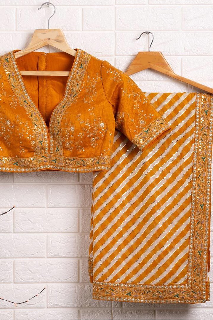 Elegant Yellow Mushroom Silk Saree With Sequence & Thread Work