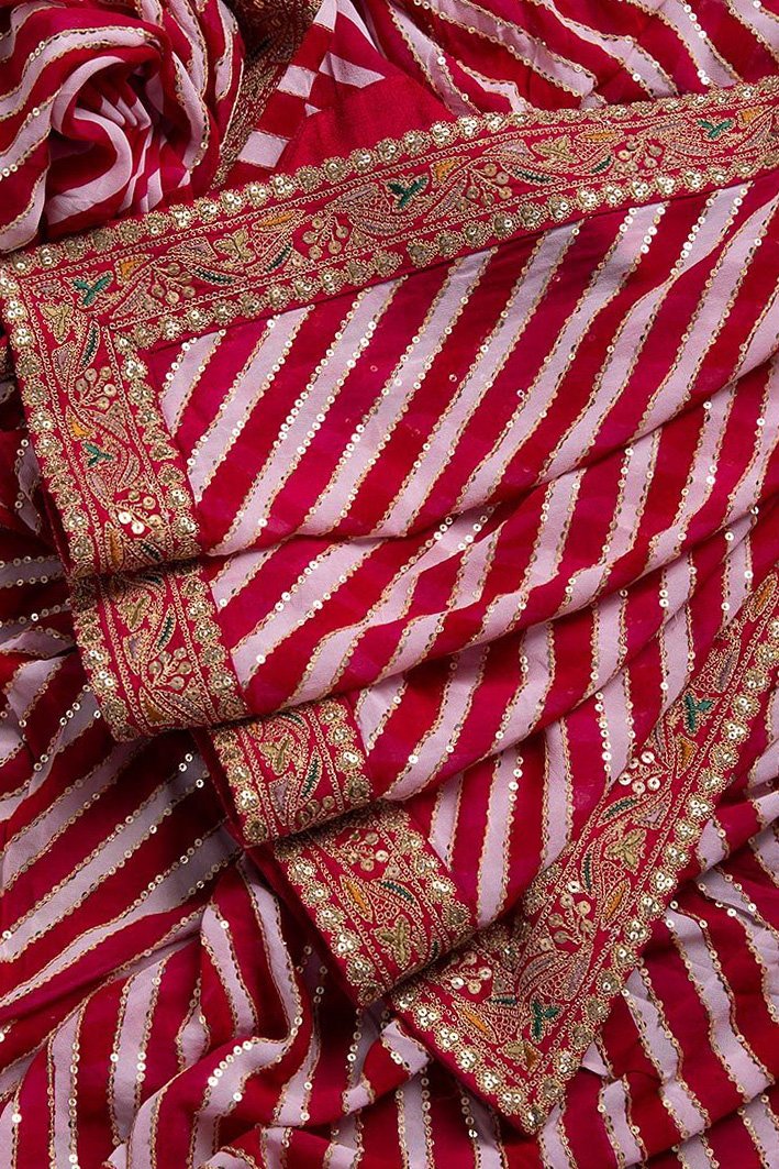 Red And White Sequence & Thread Work Mushroom Silk Saree