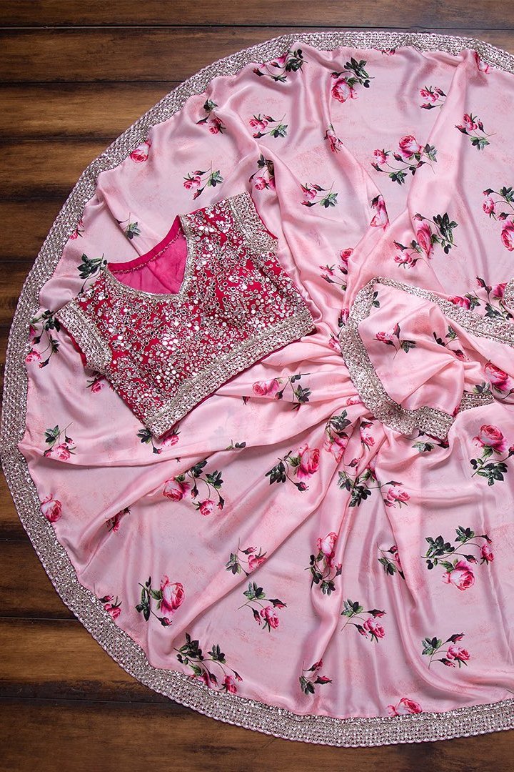 Party Wear Pink Rajwadi Silk Saree With Real Mirror & Embroidery Work