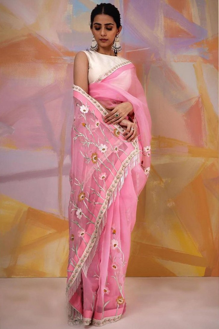 Beautiful Fancy Organza Silk Saree With Emboridery & Flower Lace Work