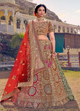 Brown And Red Color Velvet Base Wedding Wear Bridal Lehenga