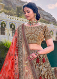 Brown And Red Color Velvet Base Wedding Wear Bridal Lehenga