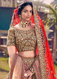 Brown And Red Color Velvet Base Wedding Wear Bridal Lehenga