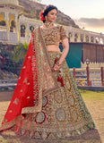 Brown And Red Color Velvet Base Wedding Wear Bridal Lehenga