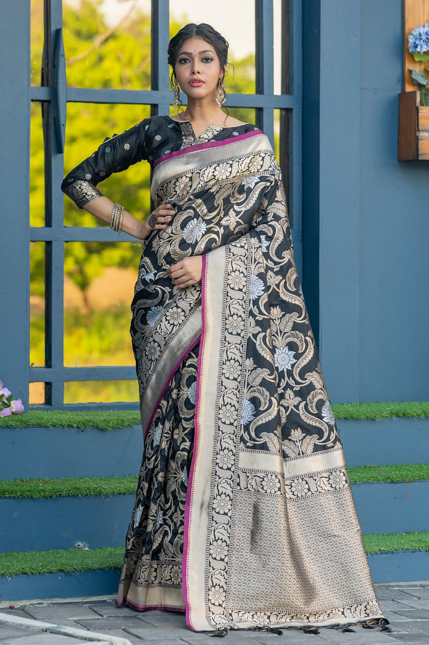 Woodsmoke Black Banarasi Raw Silk Saree – MySilkLove