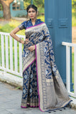 Blue Pure Banglori Raw Silk Weaving Saree - Cygnus Fashion