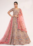 Beige Color Soft Net Fabric Heavy Work Lehenga With Net Dupatta