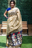 Linen Silk Jamadani Saree With Premium Zari Saree With Contrast Blouse