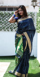 linen silk jamadani saree with premium zari saree with contrast blouse - Cygnus Fashion
