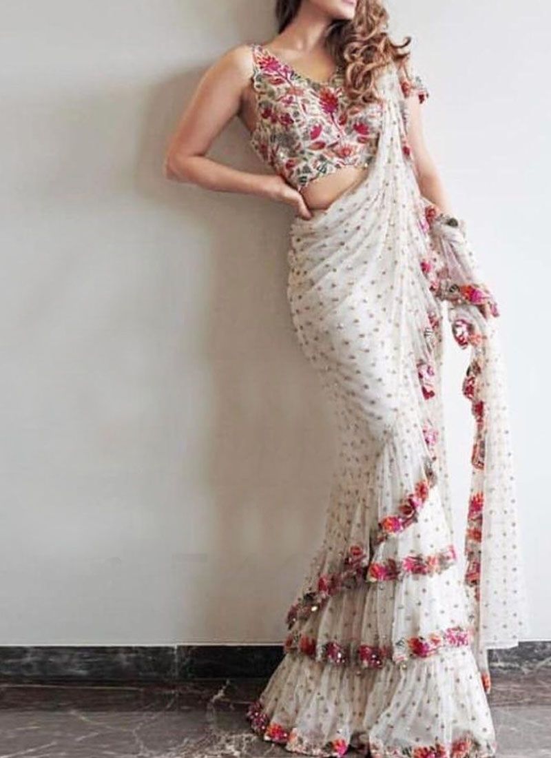 Buy Bollywood model white georgette Ruffle saree in UK, USA and Canada |  Sarees for girls, Party wear indian dresses, Indian bridal outfits