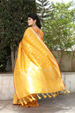 Fancy Yellow colored  With Zari Woven Design Jacquard Saree For Women