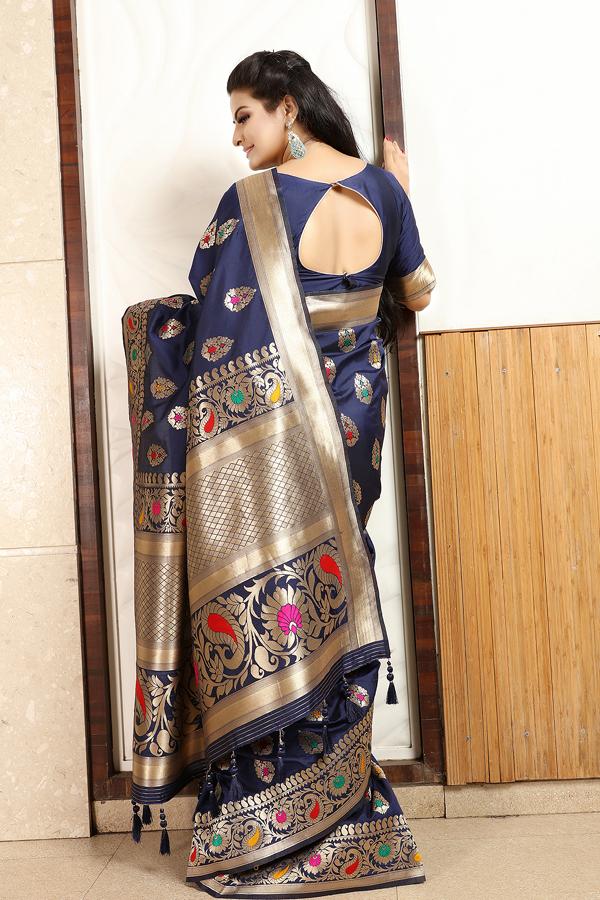 Royal Blue With Zari Butta Woven Designed Jacquard Silk Saree
