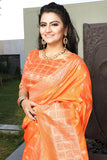 Orange Colored Chex Woven Designed Jacquard Silk Saree