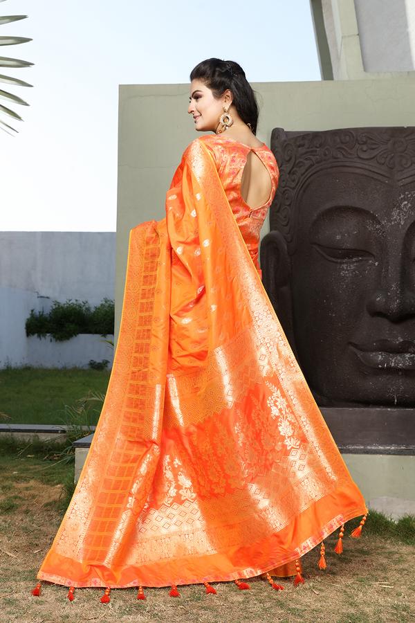 Red Orange Tanchoi Silk Handloom Banarasi Saree - Sacred Weaves