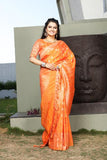 Orange Colored Chex Woven Designed Jacquard Silk Saree