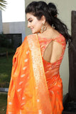 Orange Colored Chex Woven Designed Jacquard Silk Saree