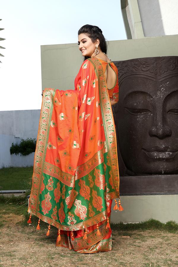 Orange Zari Worked Border Woven Designed Jacquard Silk Saree