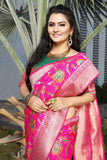 Pink Floral Woven Worked Jacquard Silk Saree For Party Wear