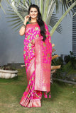 Pink Floral Woven Worked Jacquard Silk Saree For Party Wear