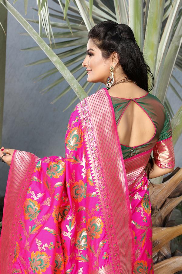 Pink Floral Woven Worked Jacquard Silk Saree For Party Wear