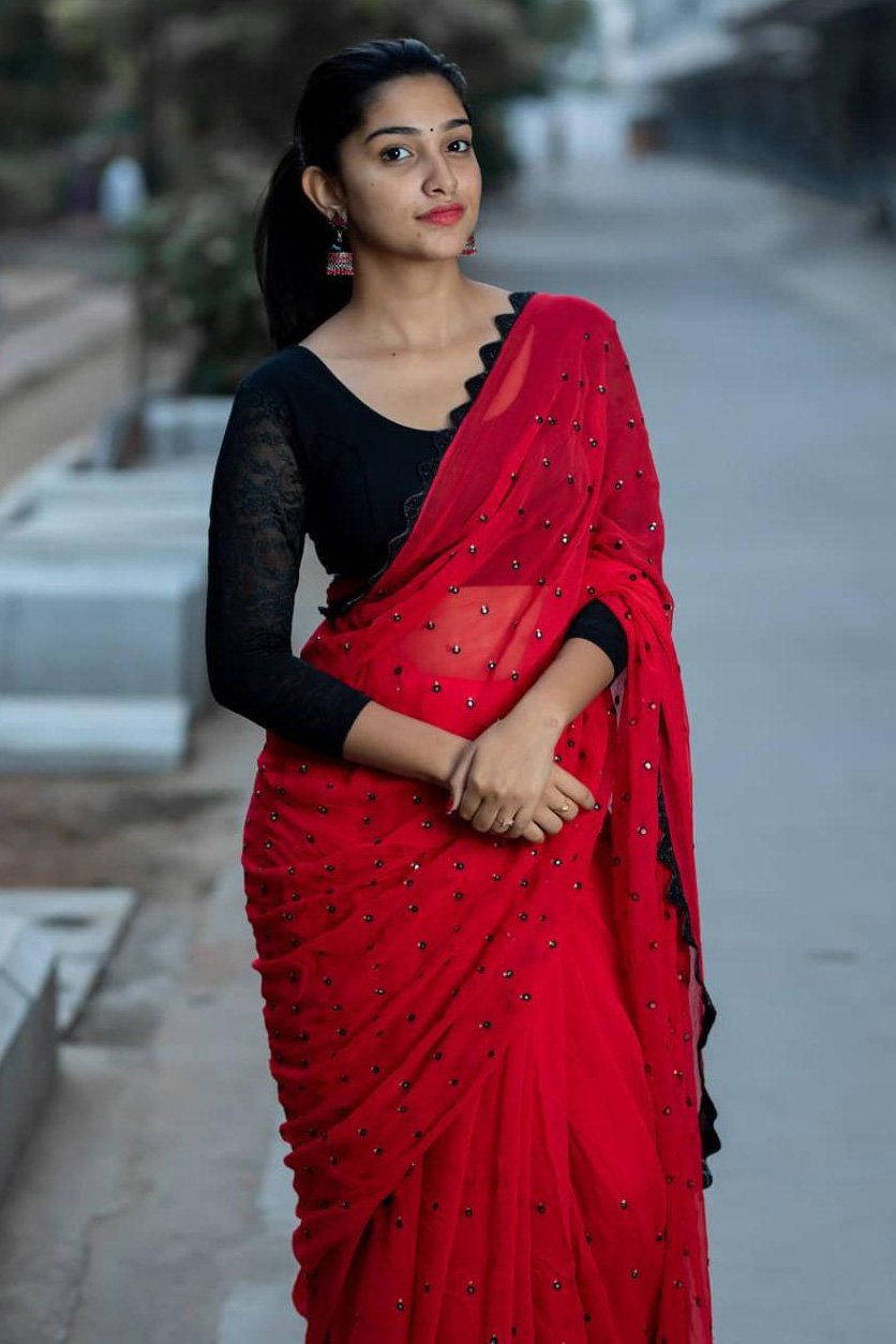 Red Beautiful Black Embroidered Georgette Saree