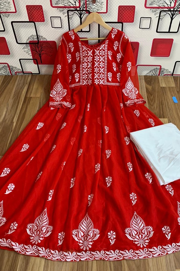 Formal Look White Embroidered Red Dress