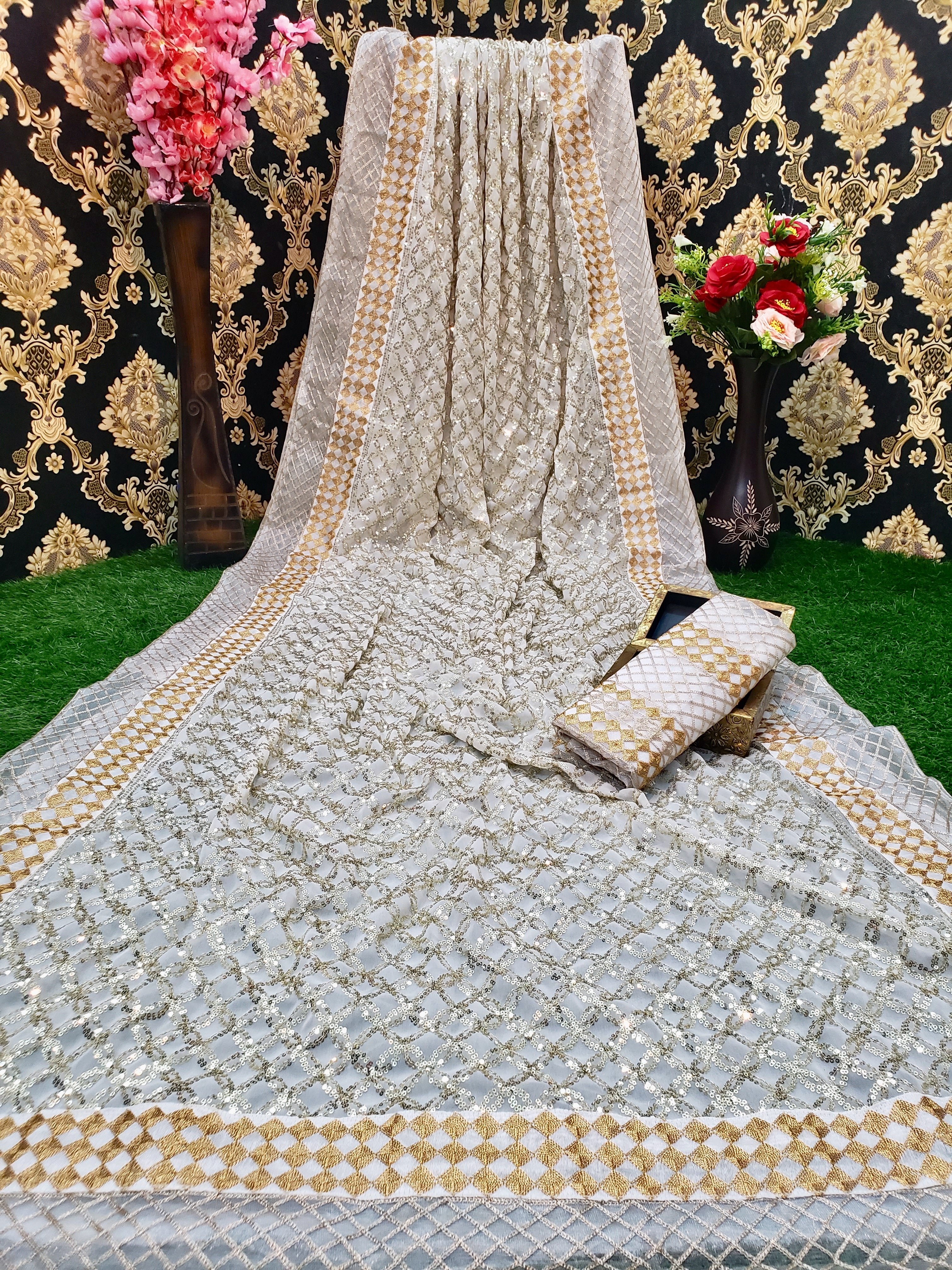 Bollywood Style White Full Sequence Embroidered Saree