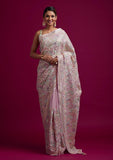 Baby Pink White Partywear Sequence Woven Silk Saree