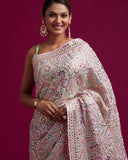 Baby Pink White Partywear Sequence Woven Silk Saree