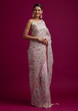 Baby Pink White Partywear Sequence Woven Silk Saree