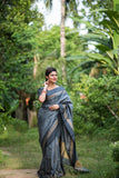 Grey Banglori Raw Silk Weaving Saree - Cygnus Fashion