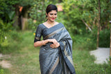 Grey Banglori Raw Silk Weaving Saree - Cygnus Fashion