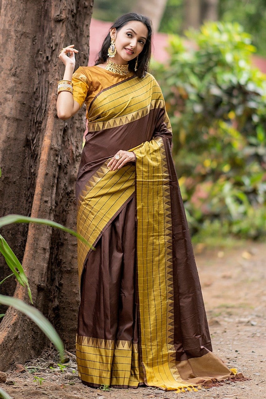 Coffe Banglori Raw Silk Weaving Saree - Cygnus Fashion