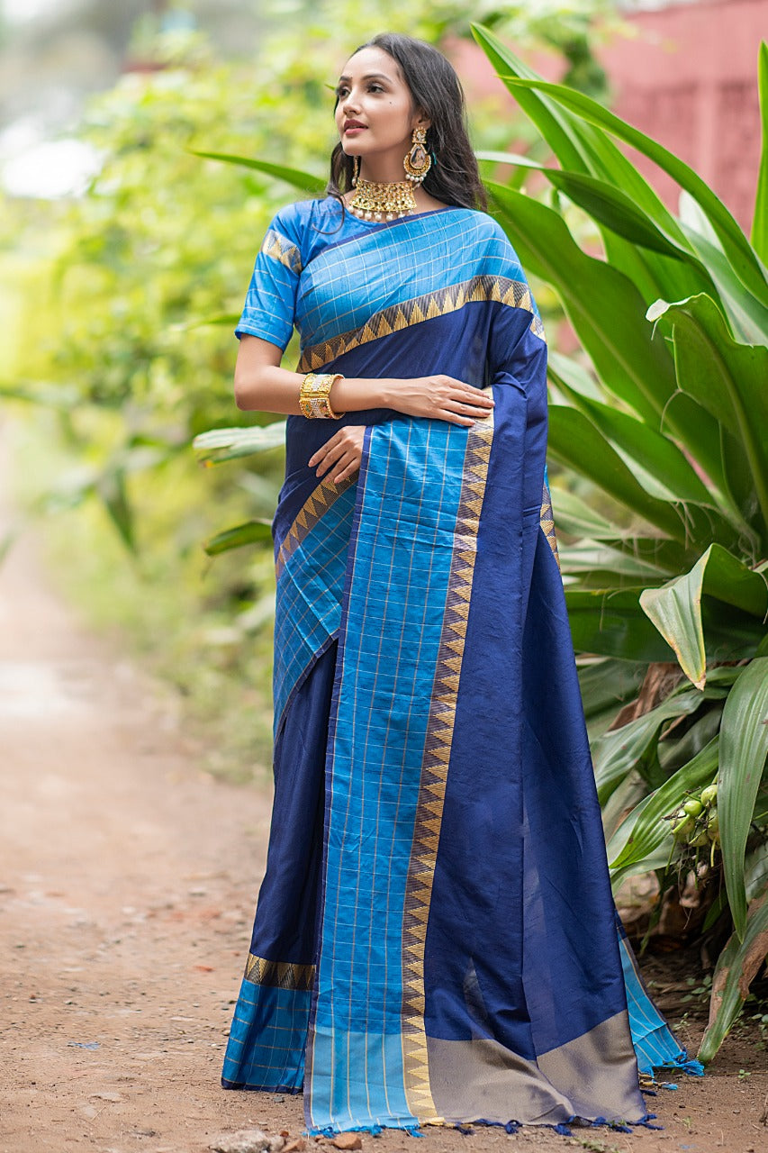 Blue Banglori Raw Silk Weaving Saree - Cygnus Fashion