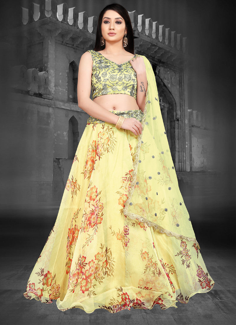 Machine Yellow Color Tussar Silk Foil Print Designer Lehenga Choli at Rs  2449 in Surat