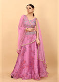 Fancy Pink Organza Printed Lehenga Choli Set