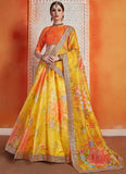 Sabyasachi Designer Yellow and Orange Floral Printed Wedding Wear Satin Silk Lehenga Choli