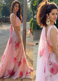 Designer wear Light Pink Georgette Fancy Printed Lehenga Choli